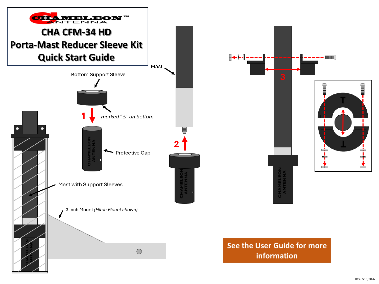 Official CHA 34HD Reducer Kit diagram showing the upper reducer and lower support sleeve installed with a CFM-34 HD mast