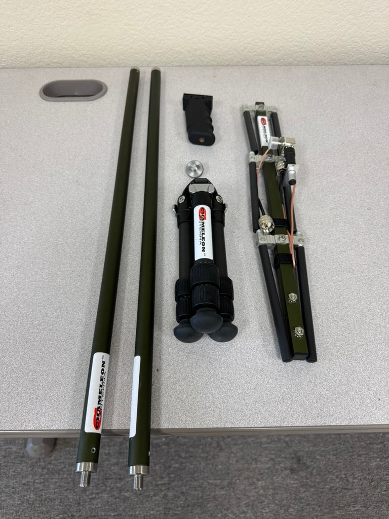CHA TACYAGI-70, removable handle, carbon-fiber tripod, support extensions, and mounting hardware arranged for identification