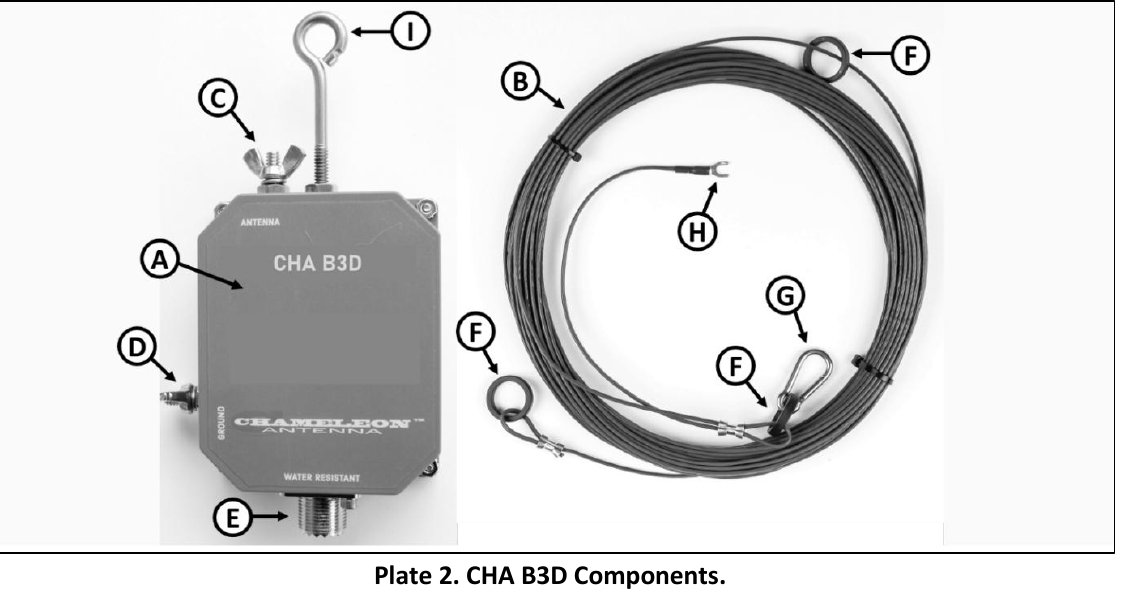 Labeled B3D matching transformer, antenna wire, isolation rings, carabiner, wire connector, coax socket, and eyebolt