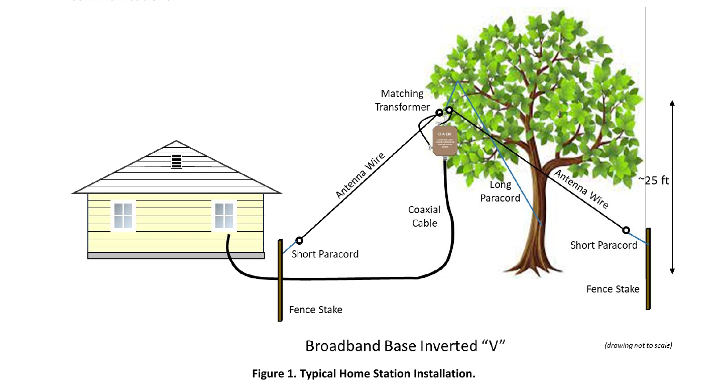 B3D inverted-V installation with the matching transformer elevated from a tree and the two equal wire legs sloping to lower supports