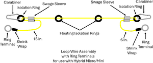 Temporary development drawing of the CHA LW-TDL-HYBRID 120-foot loop wire assembly with carabiners, isolation rings, swage sleeves, and ring terminals